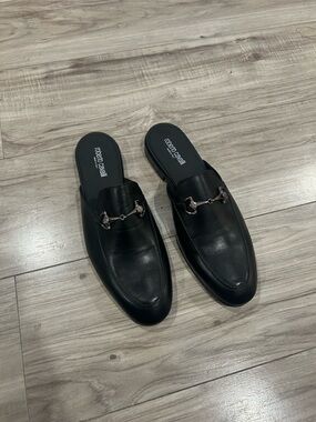 Roberto Cavalli Black Leather Slip-On Horsebit Mules